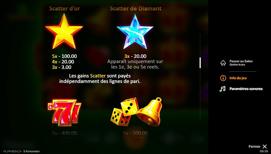 Table de paiement du jeu 5 Fortunator