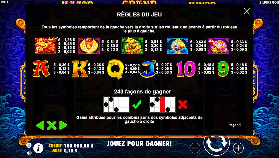 Table de paiement du jeu 5 Lions Gold