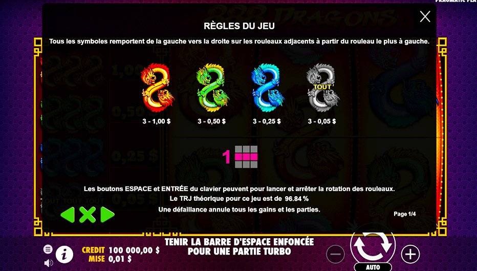 Table de paiement du jeu 888 Dragons