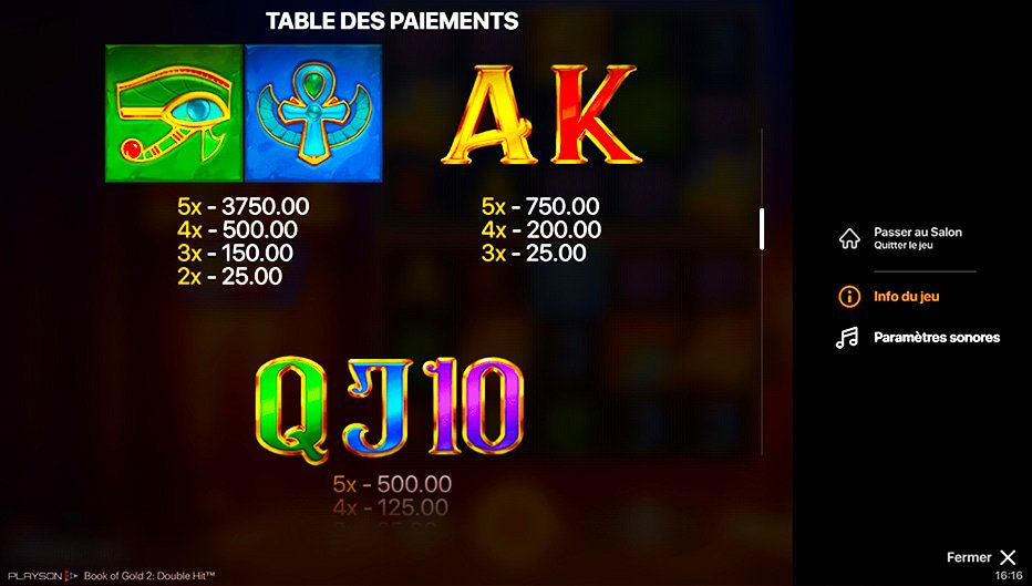 Table de paiement du jeu Book of Gold 2 : Double Hit