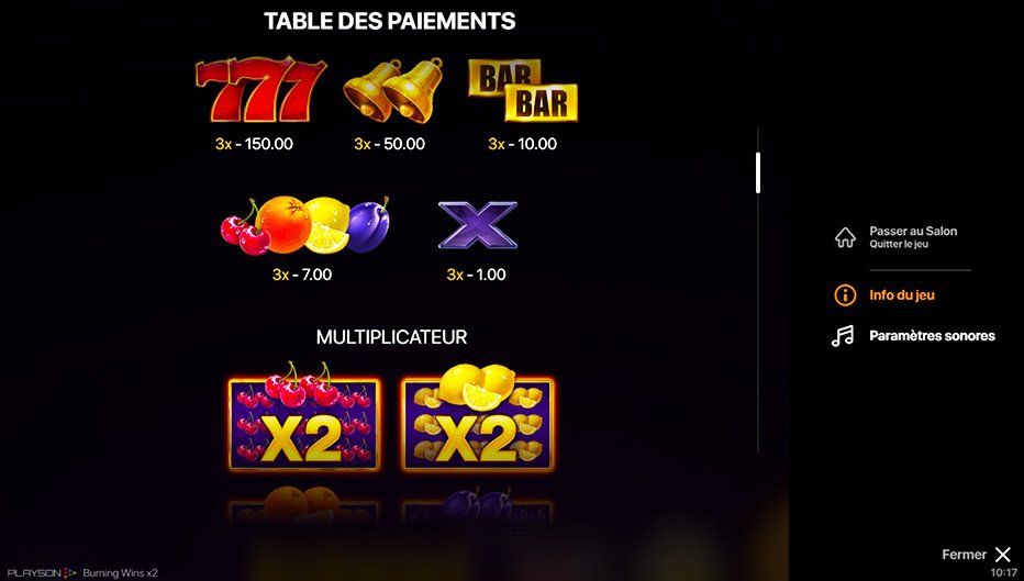 Table de paiement du jeu Burning Wins X2