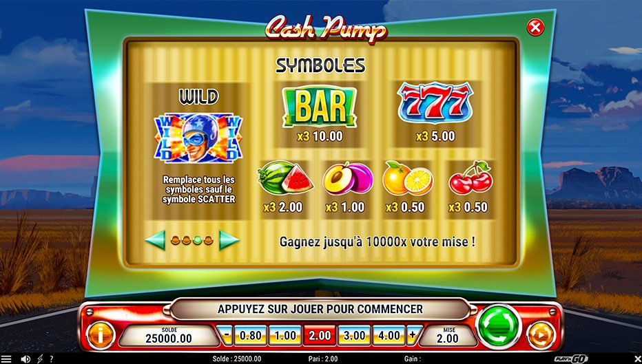 Table de paiement du jeu Cash Pump