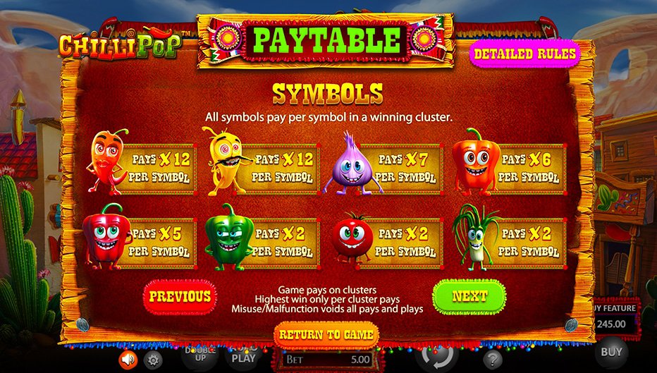 Table de paiement du jeu ChilliPop