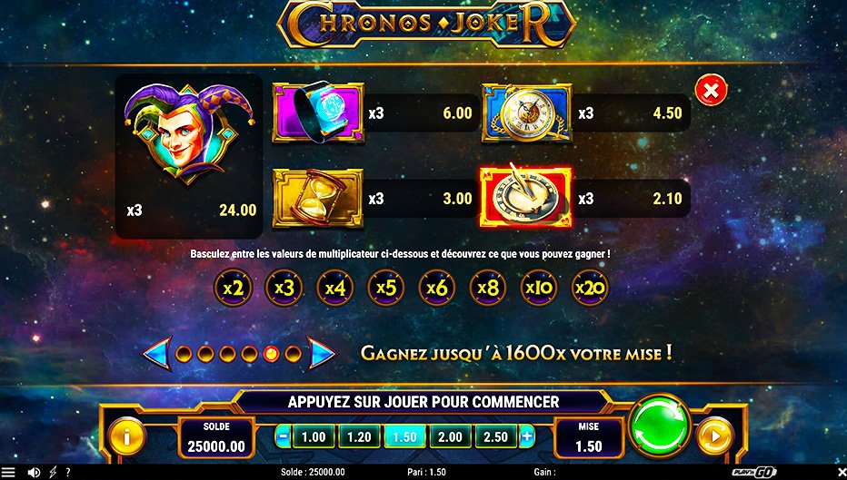 Table de paiement du jeu Chronos Joker