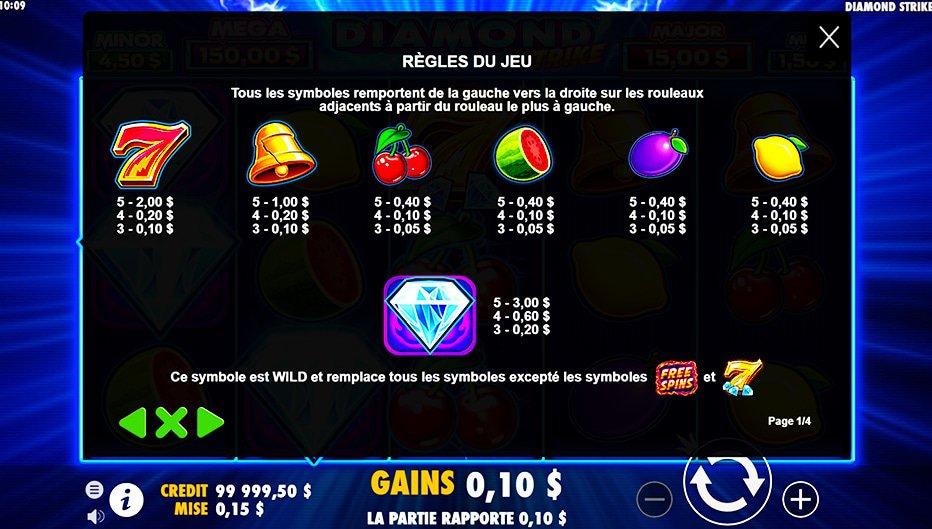 Table de paiement du jeu Diamond Strike