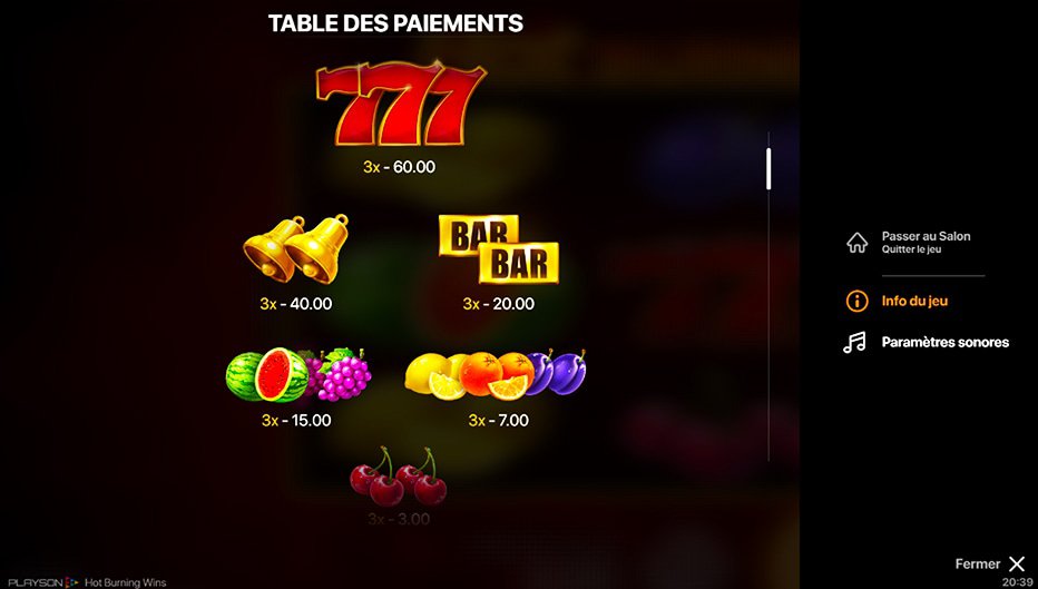 Table de paiement du jeu Hot Burning Wins