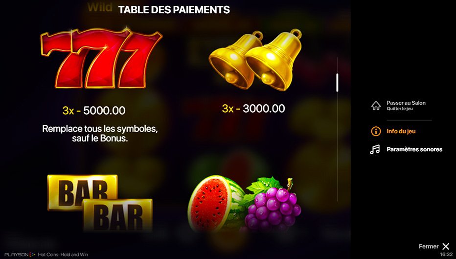 Table de paiement du jeu Hot Coins Hold and Win