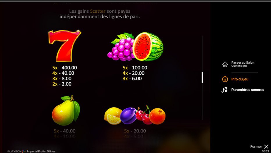 Table de paiement du jeu Imperial Fruit: 5 Lines