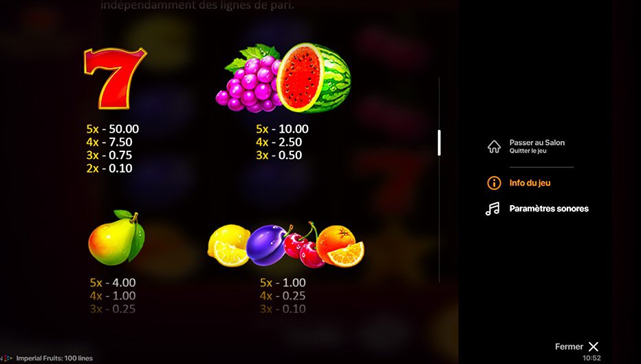 Table de paiement du jeu Imperial Fruits : 100 Lines