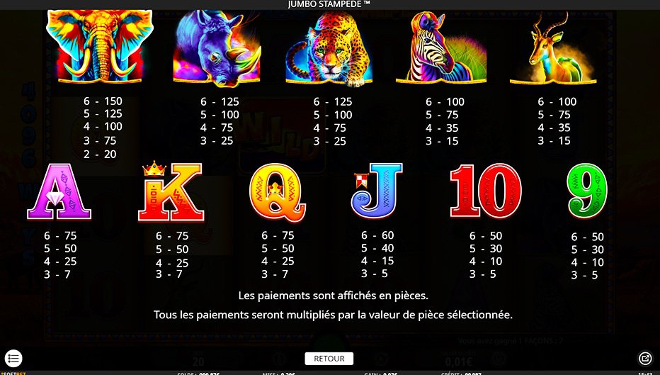 Table de paiement du jeu Jumbo Stampede