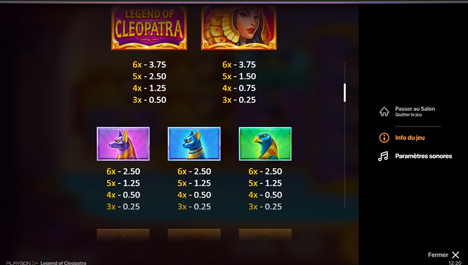 Table de paiement du jeu Legend of Cleopatra