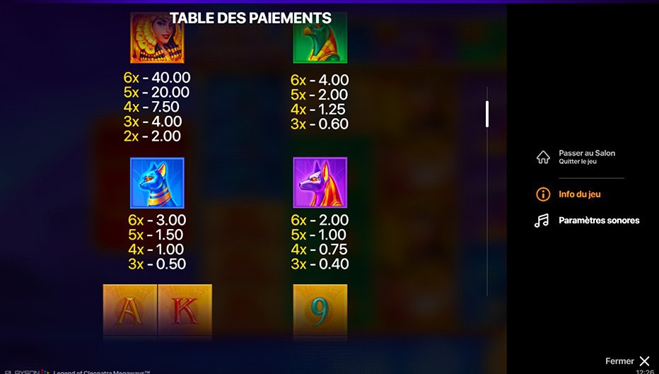 Table de paiement du jeu Legend of Cleopatra Megaways