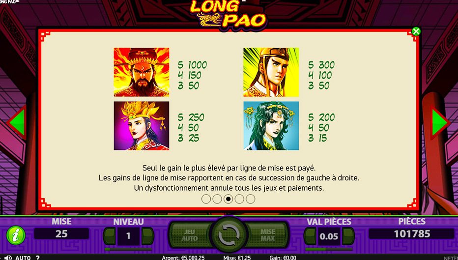 Table de paiement du jeu Long Pao