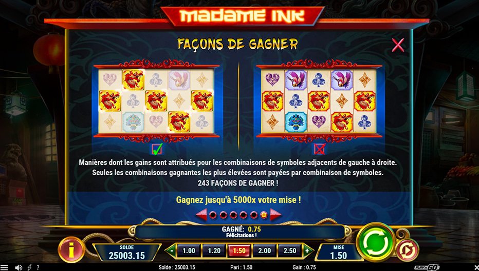 Table de paiement du jeu Madame Ink