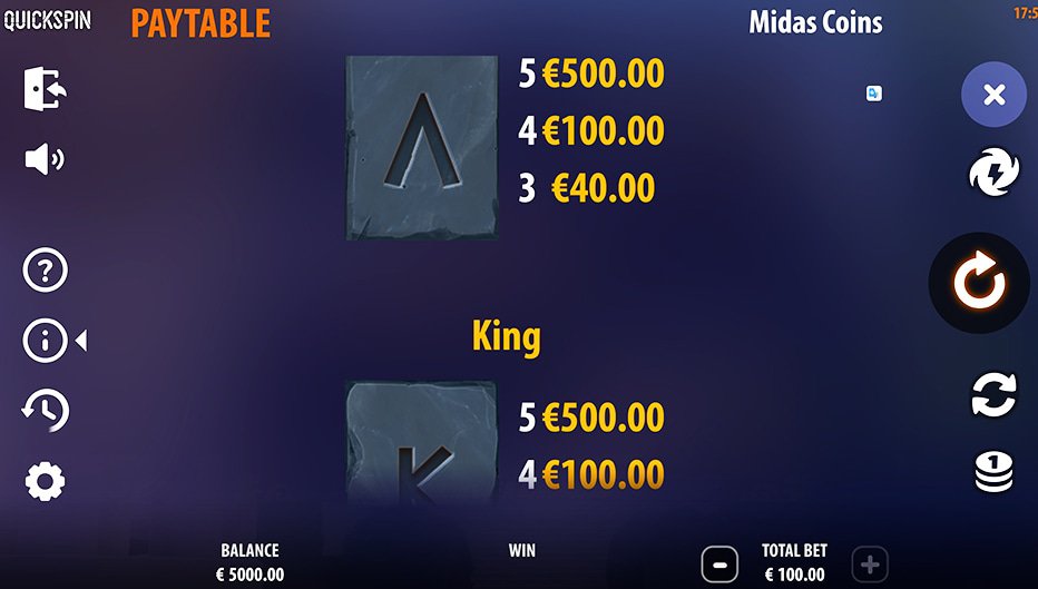 Table de paiement du jeu Midas Coins