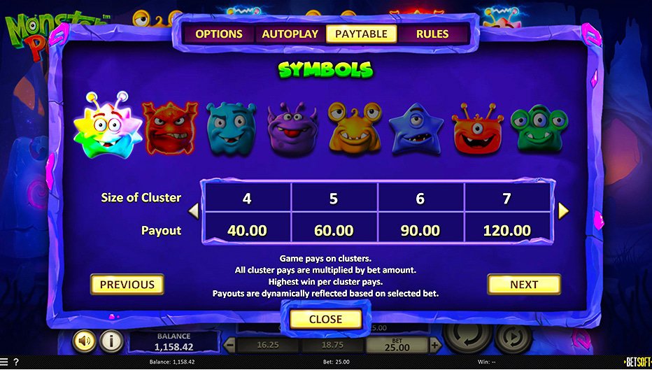 Table de paiement du jeu Monster Pop