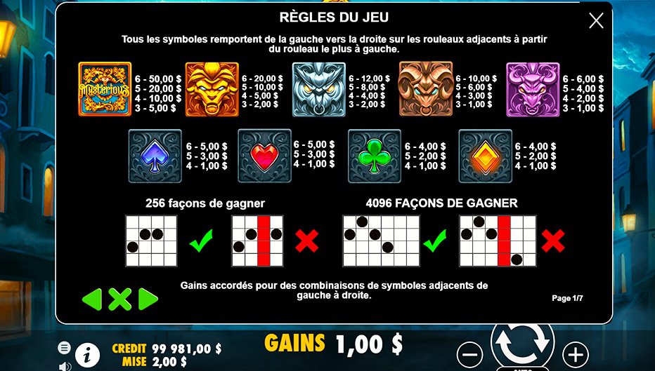 Table de paiement du jeu Mysterious