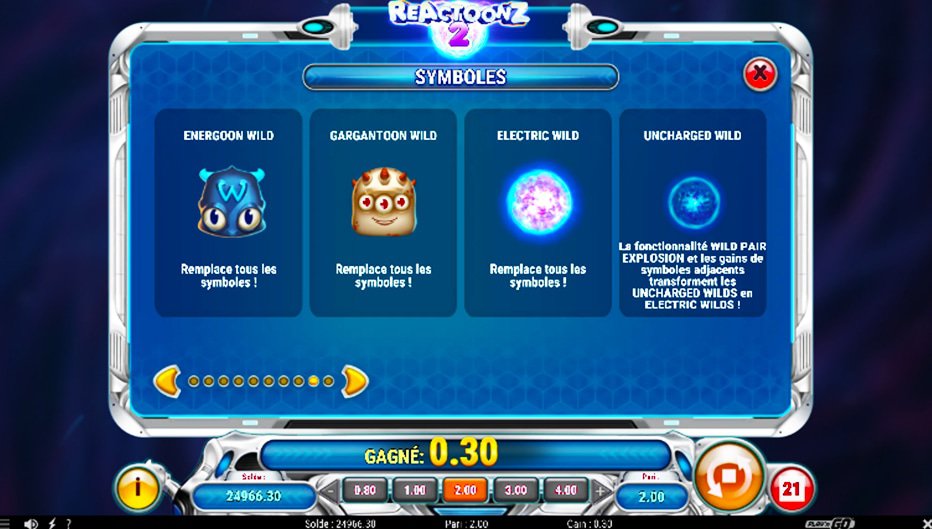 Table de paiement du jeu Reactoonz 2