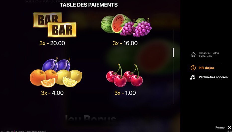 Table de paiement du jeu Royal Coins: Hold and Win