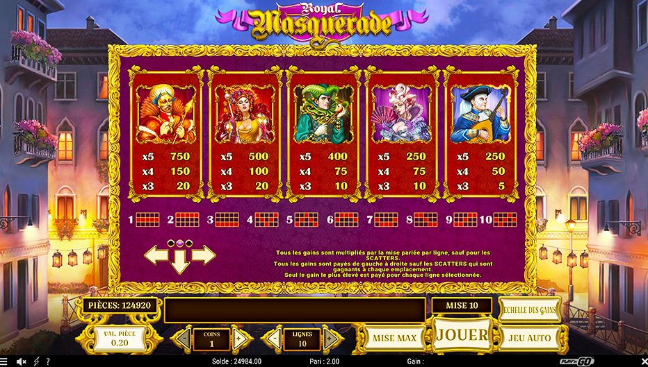 Table de paiement du jeu Royal Masquerade