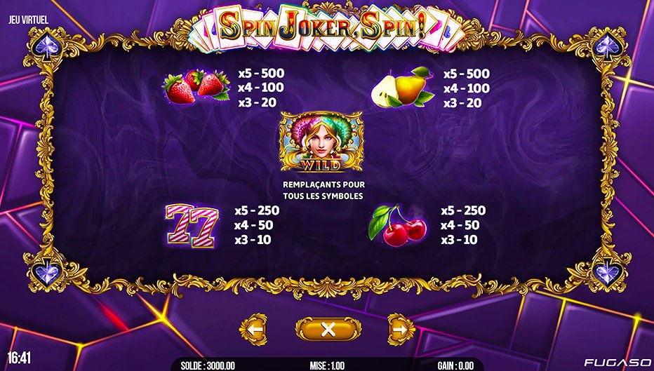 Table de paiement du jeu Spin Joker Spin