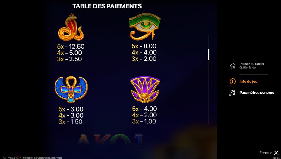 Table de paiement du jeu Spirit of Egypt : Hold and Win