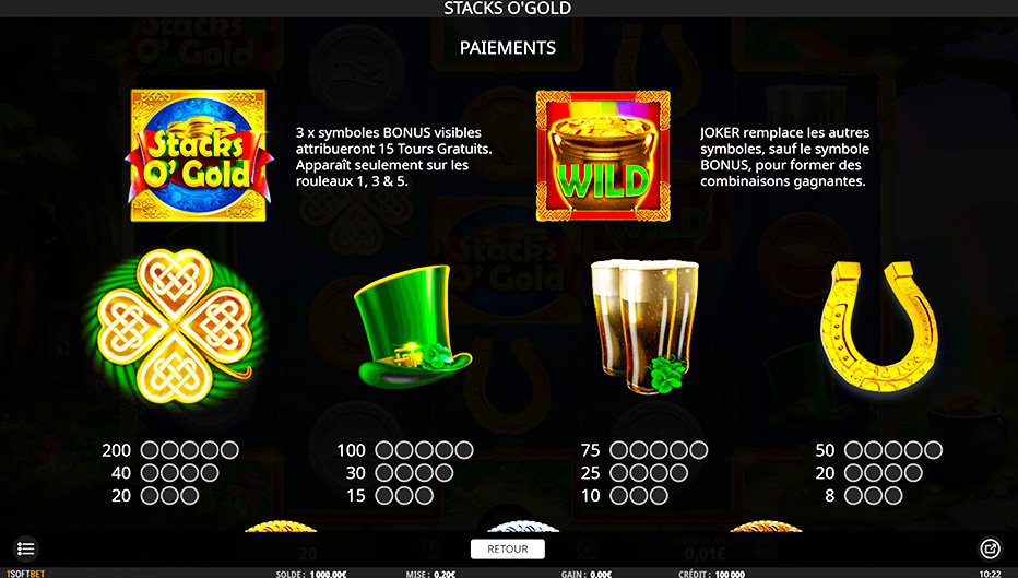 Table de paiement du jeu Stacks O' Gold