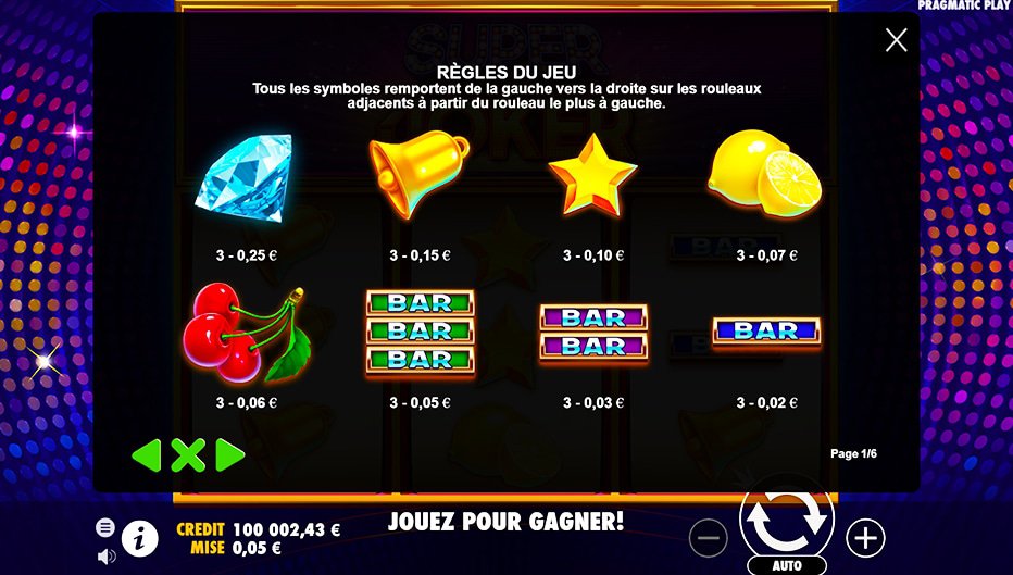 Table de paiement du jeu Super Joker