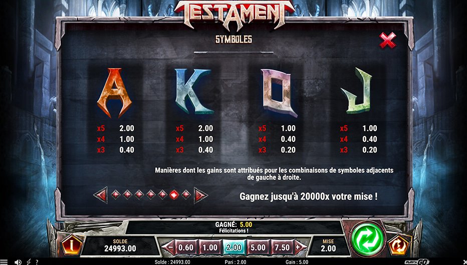 table de paiement du jeu Testament