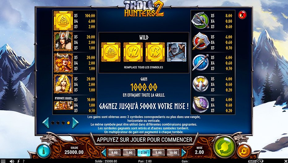 Table de paiement du jeu Troll Hunters 2