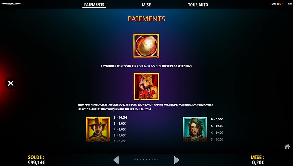 Table de paiement du jeu Tyrant King Megaways