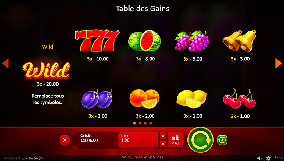 Table de paiement du jeu Wild Burning Wins 5 Lines