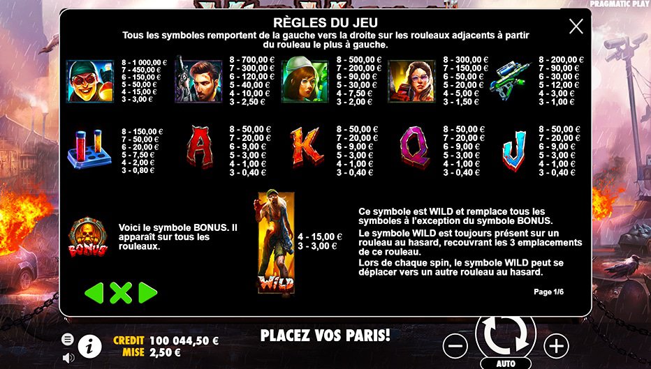 Table de paiement du jeu Wild Walker