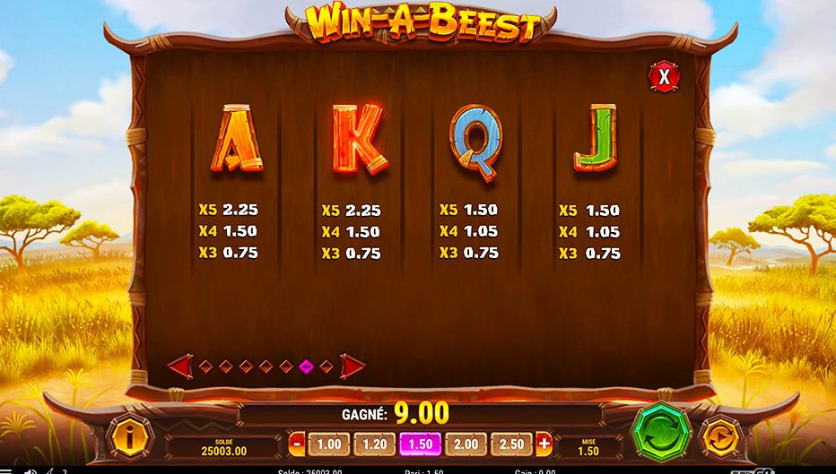 Table de paiement du jeu Win-A-Beest